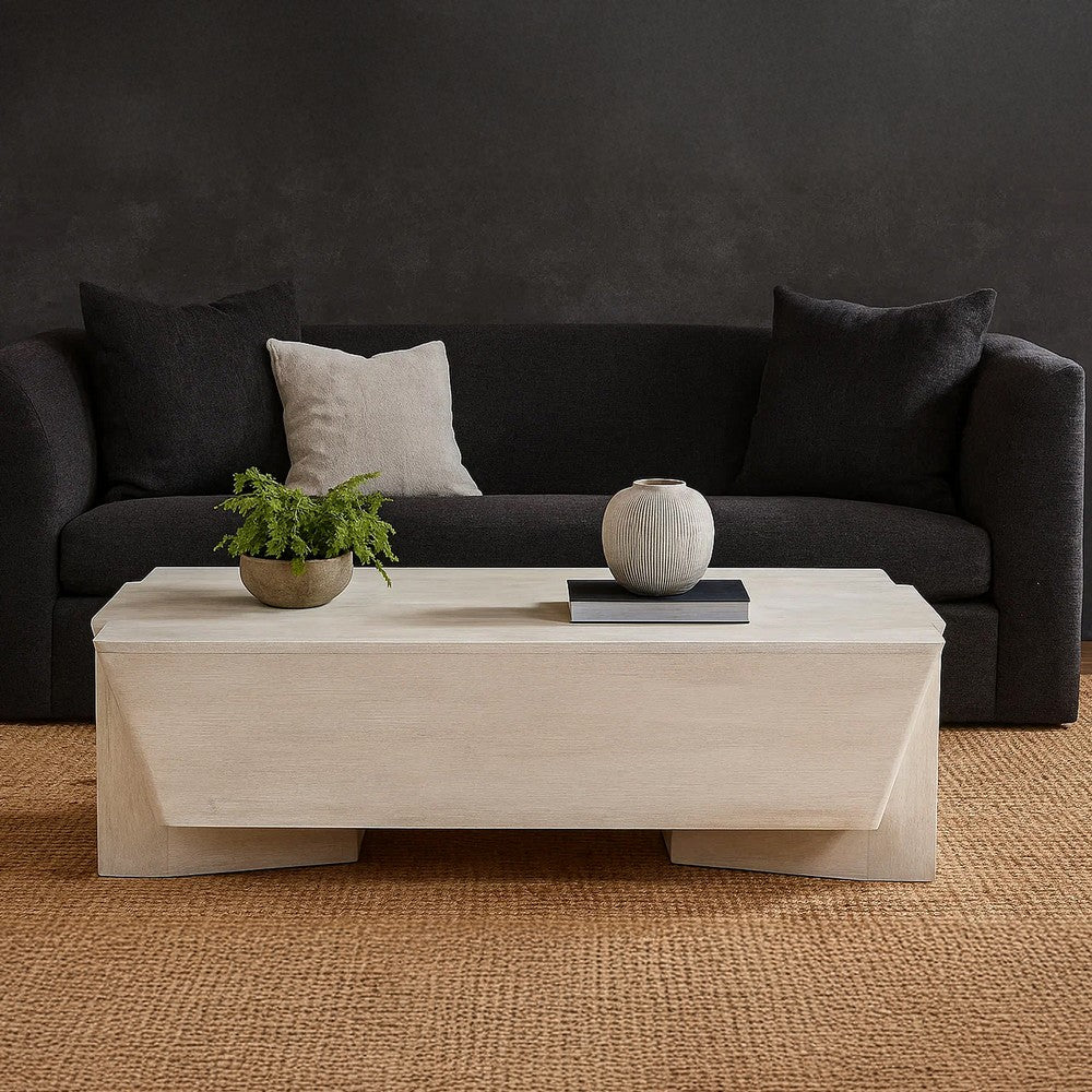 The Urban Port Joanie Coffee Table | 45" Rectangular Biscotti White Handcrafted Mango Wood | Solid Asymmetric Base
