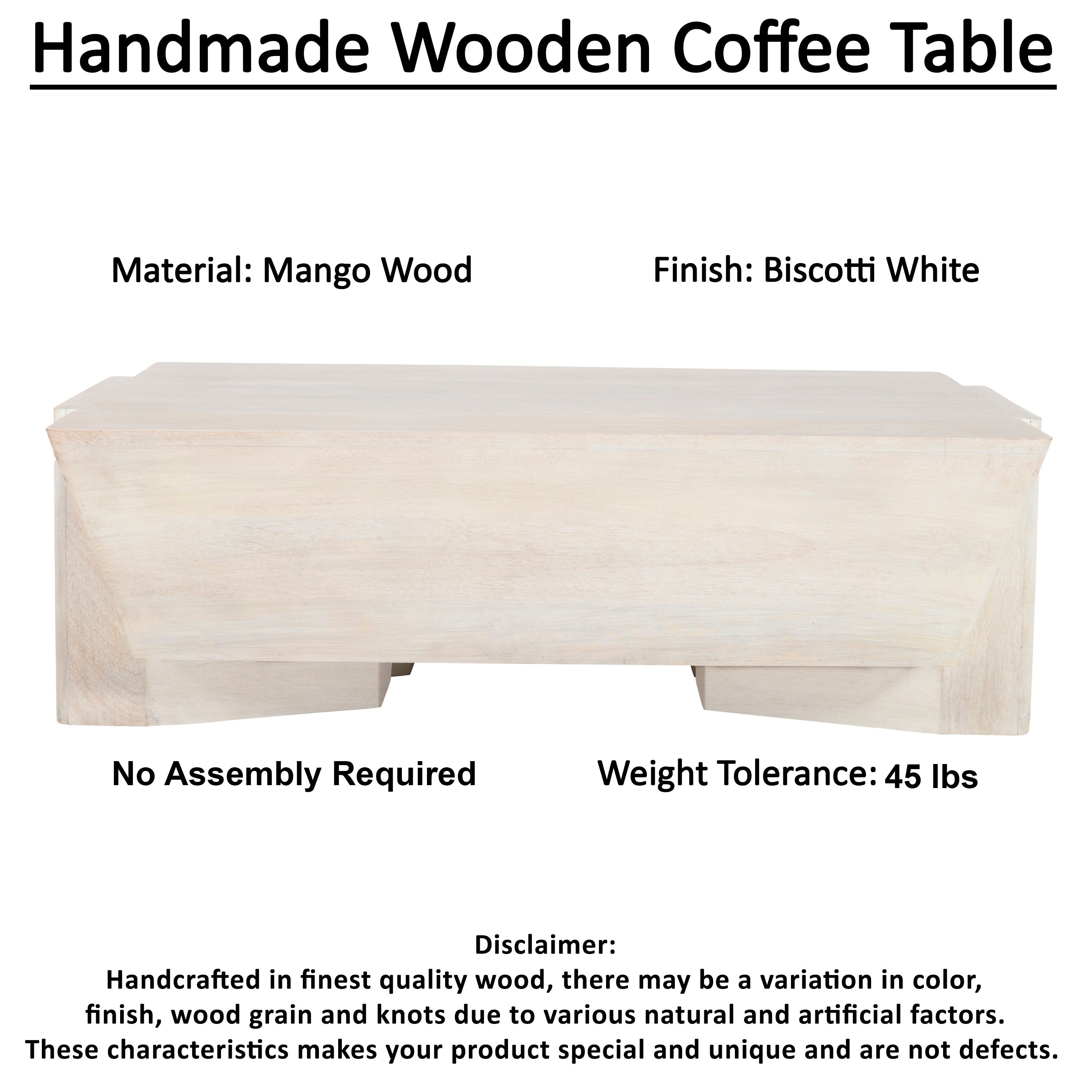 The Urban Port Joanie Coffee Table | 45" Rectangular Biscotti White Handcrafted Mango Wood | Solid Asymmetric Base