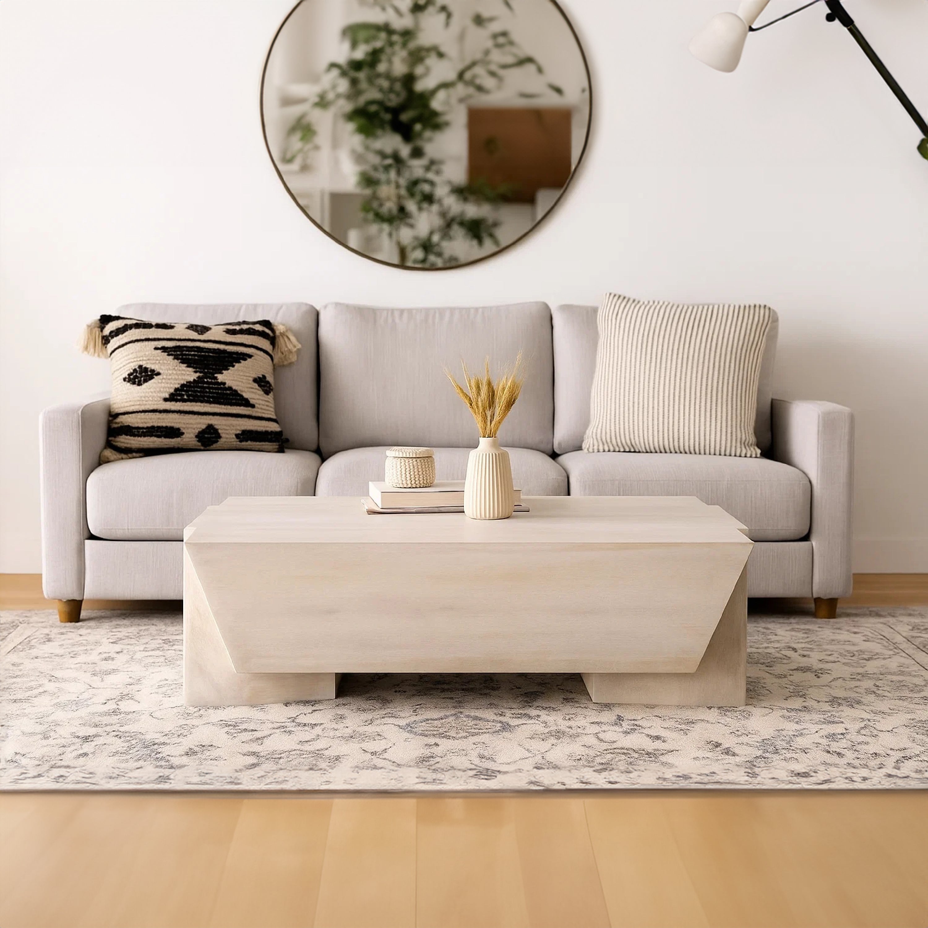 The Urban Port Joanie Coffee Table | 45" Rectangular Biscotti White Handcrafted Mango Wood | Solid Asymmetric Base