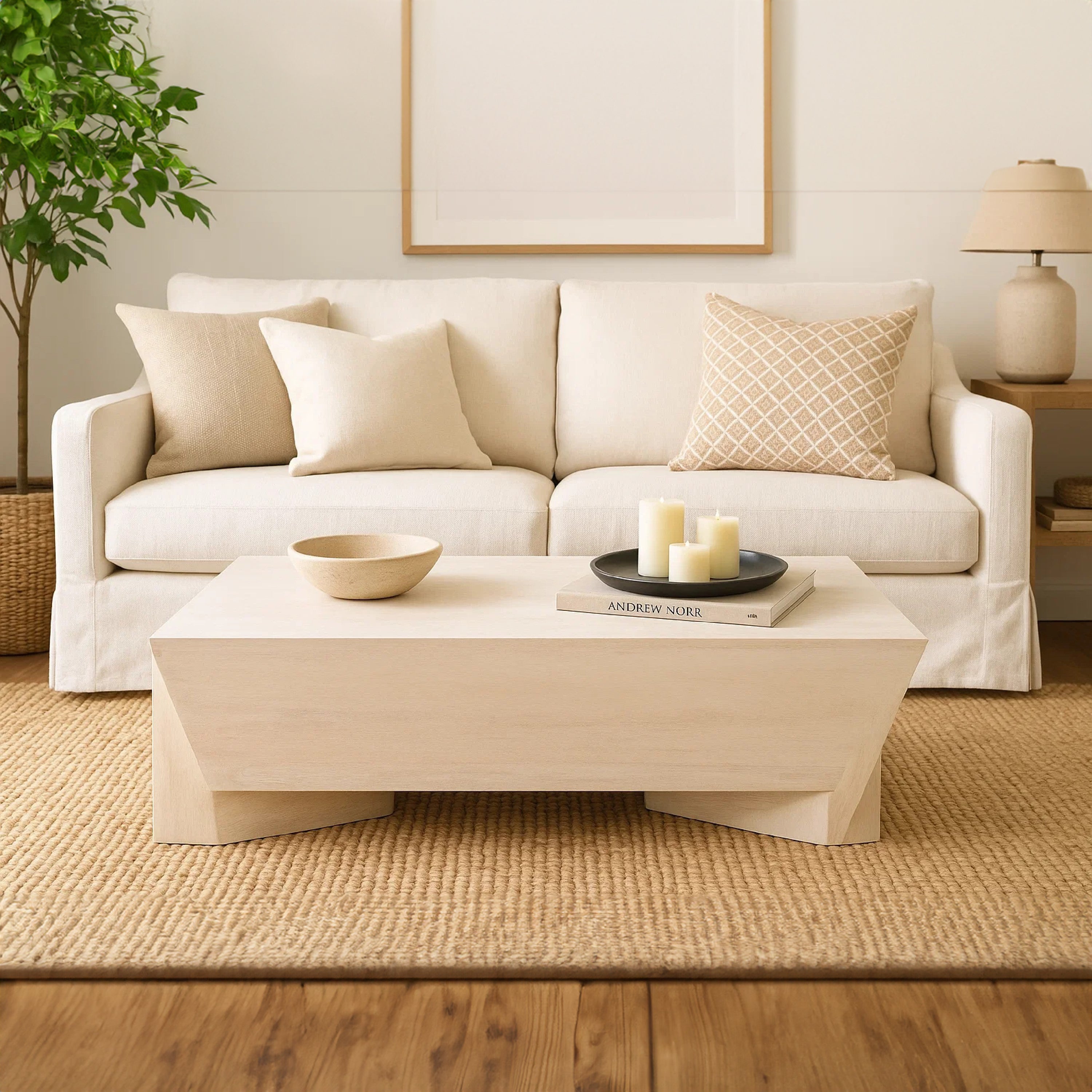 The Urban Port Joanie Coffee Table | 45" Rectangular Biscotti White Handcrafted Mango Wood | Solid Asymmetric Base