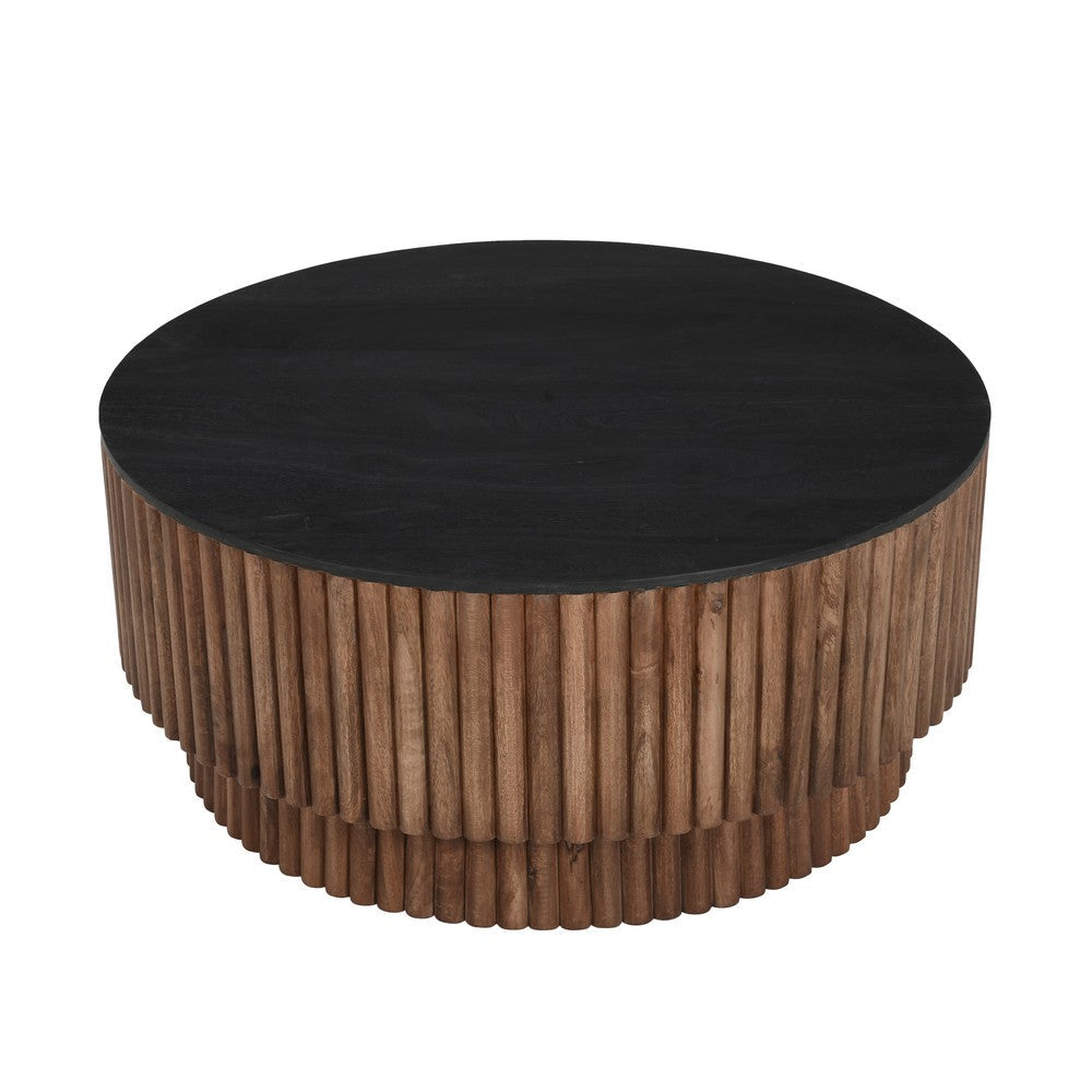 The Urban Port Montoya Coffee Table | 34" Round Black Top | Brown Mango Wood Fluted Plinth Base