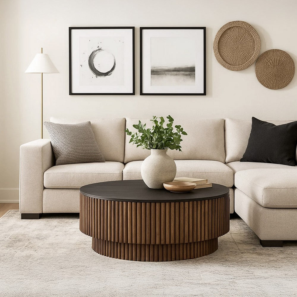 The Urban Port Montoya Coffee Table | 34" Round Black Top | Brown Mango Wood Fluted Plinth Base