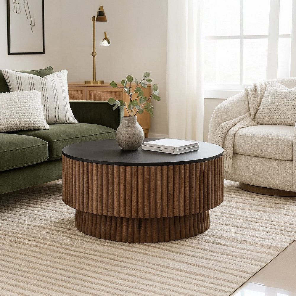 The Urban Port Montoya Coffee Table | 34" Round Black Top | Brown Mango Wood Fluted Plinth Base
