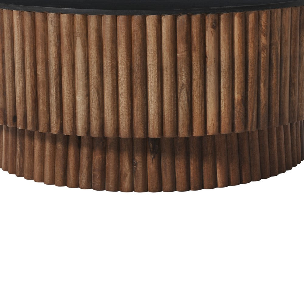 The Urban Port Montoya Coffee Table | 34" Round Black Top | Brown Mango Wood Fluted Plinth Base