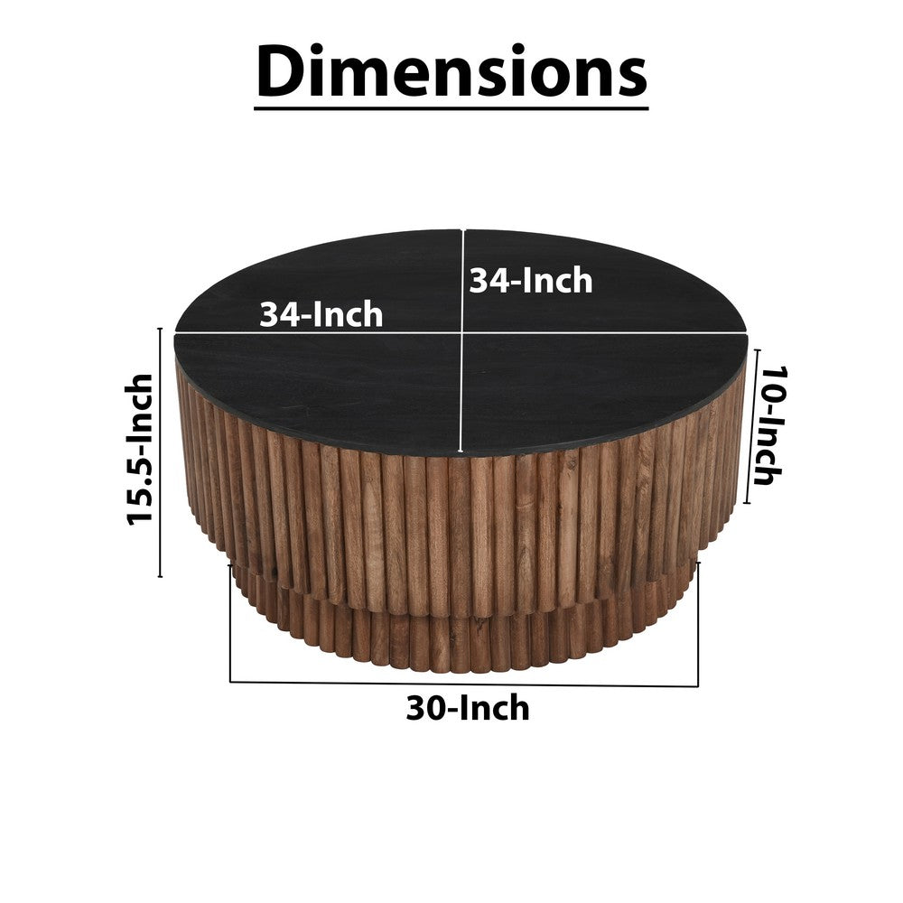 The Urban Port Montoya Coffee Table | 34" Round Black Top | Brown Mango Wood Fluted Plinth Base
