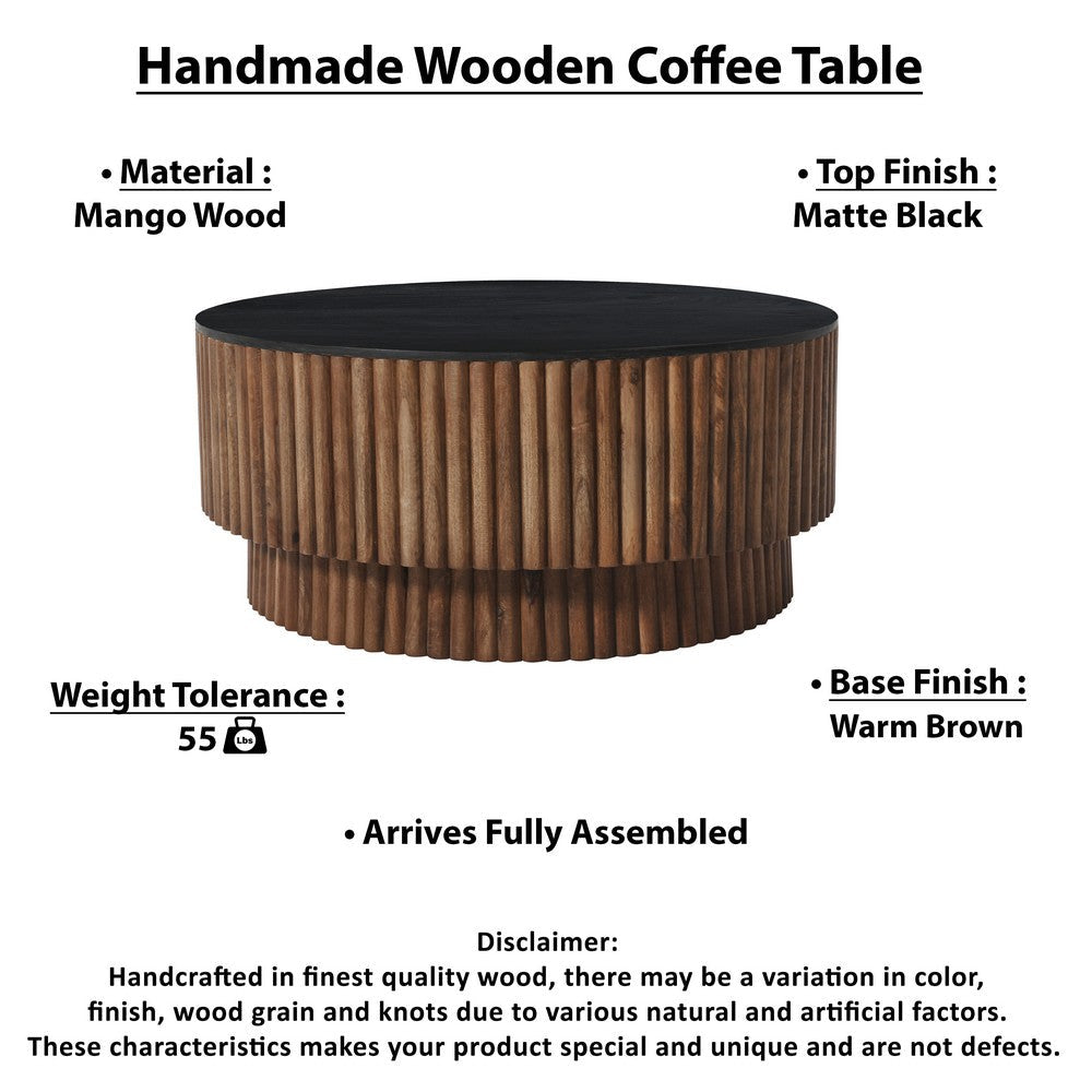 The Urban Port Montoya Coffee Table | 34" Round Black Top | Brown Mango Wood Fluted Plinth Base
