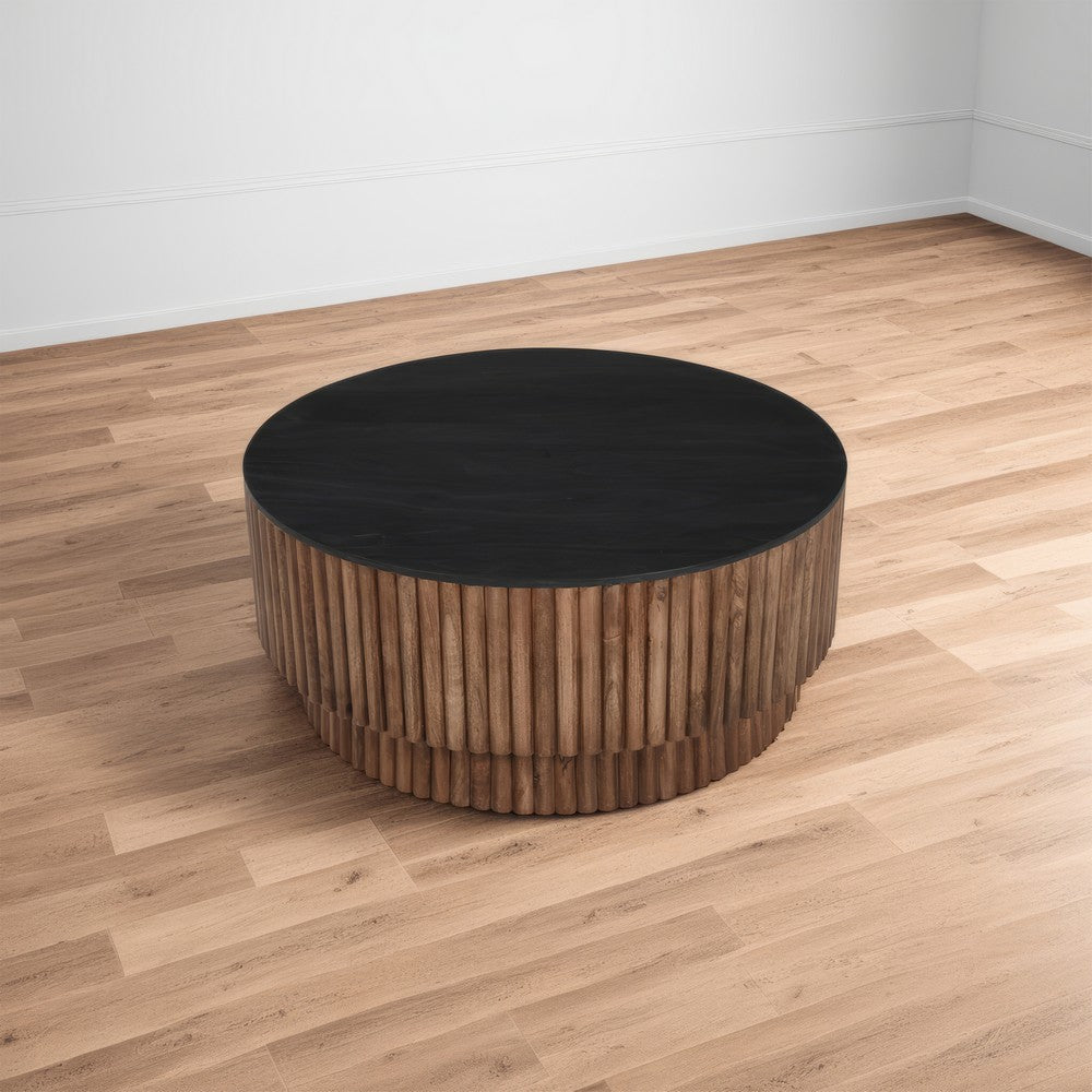 The Urban Port Montoya Coffee Table | 34" Round Black Top | Brown Mango Wood Fluted Plinth Base