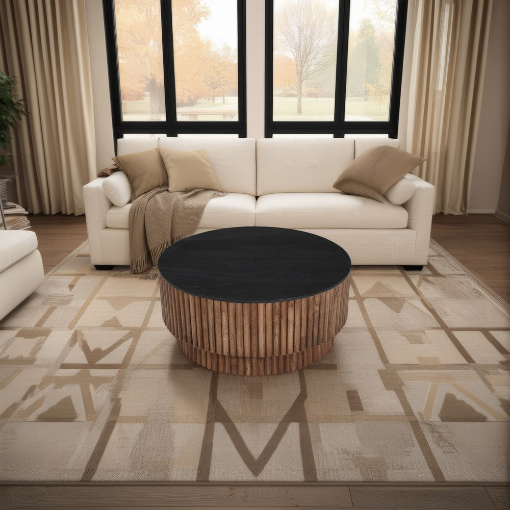 The Urban Port Montoya Coffee Table | 34" Round Black Top | Brown Mango Wood Fluted Plinth Base