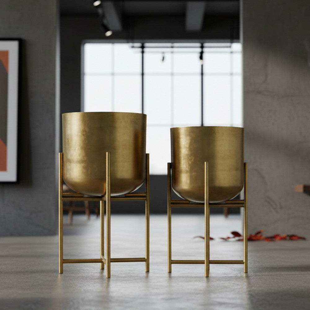 The Urban Port Aira Set of 2 Planters | 19, 22" Tall | Foldable Metal Stand | Antique Brass Finish