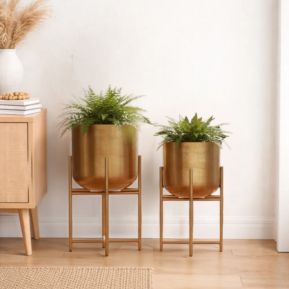 The Urban Port Aira Set of 2 Planters | 19, 22" Tall | Foldable Metal Stand | Antique Brass Finish