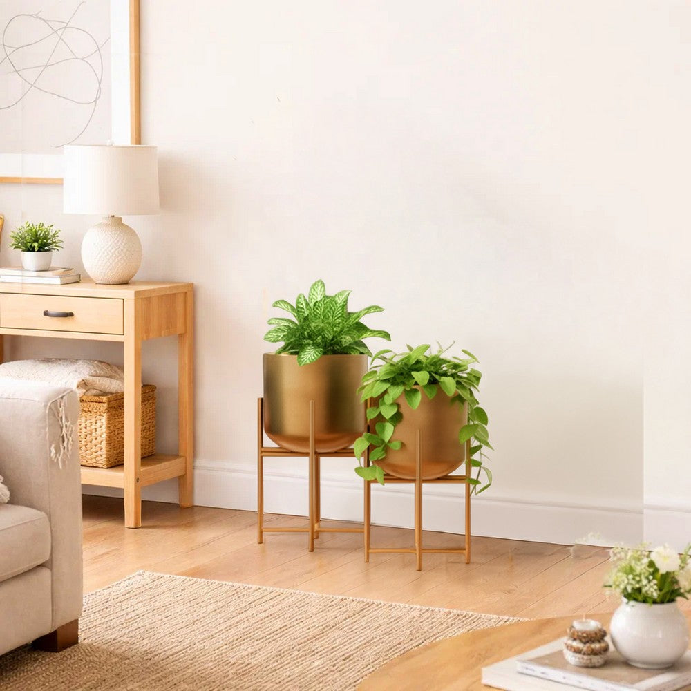 The Urban Port Aira Set of 2 Planters | 19, 22" Tall | Foldable Metal Stand | Antique Brass Finish
