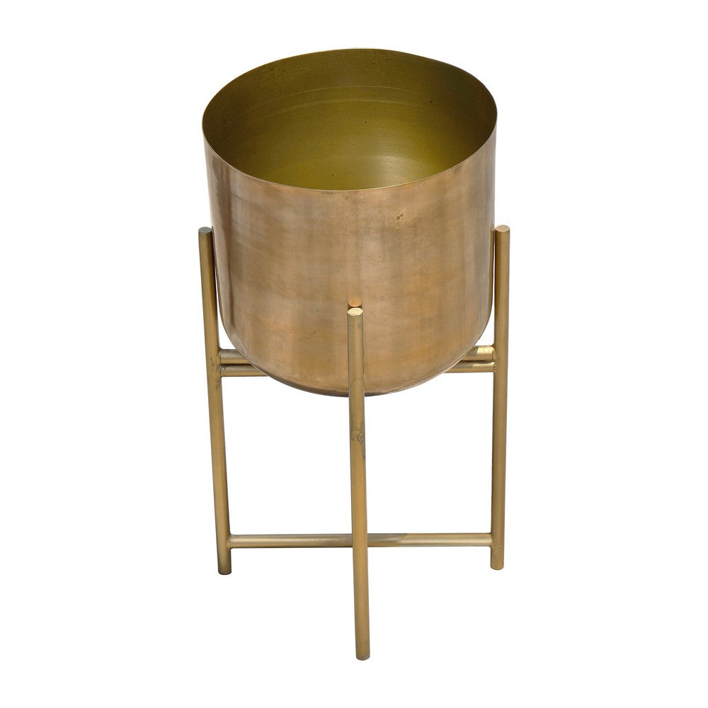 The Urban Port Aira Set of 2 Planters | 19, 22" Tall | Foldable Metal Stand | Antique Brass Finish