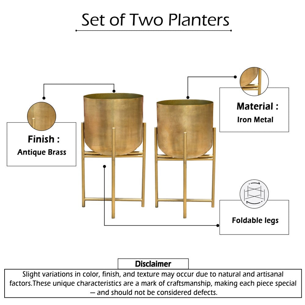 The Urban Port Aira Set of 2 Planters | 19, 22" Tall | Foldable Metal Stand | Antique Brass Finish