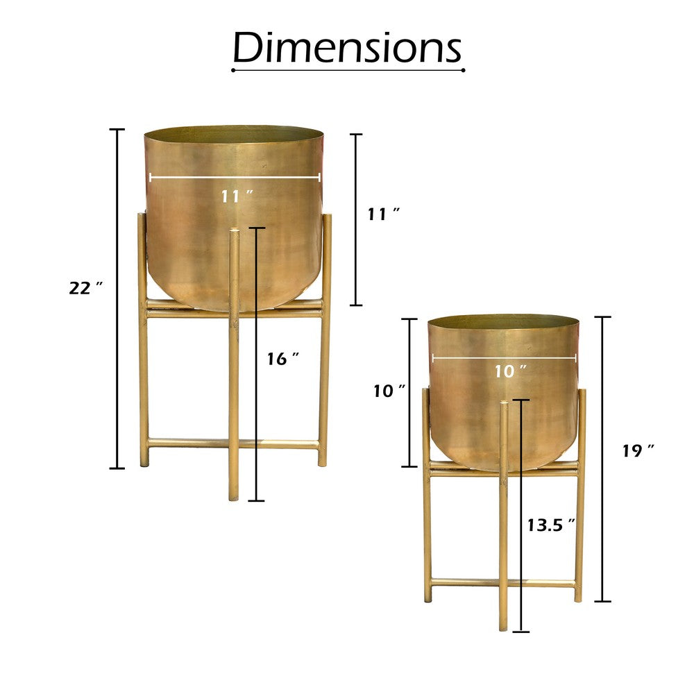 The Urban Port Aira Set of 2 Planters | 19, 22" Tall | Foldable Metal Stand | Antique Brass Finish