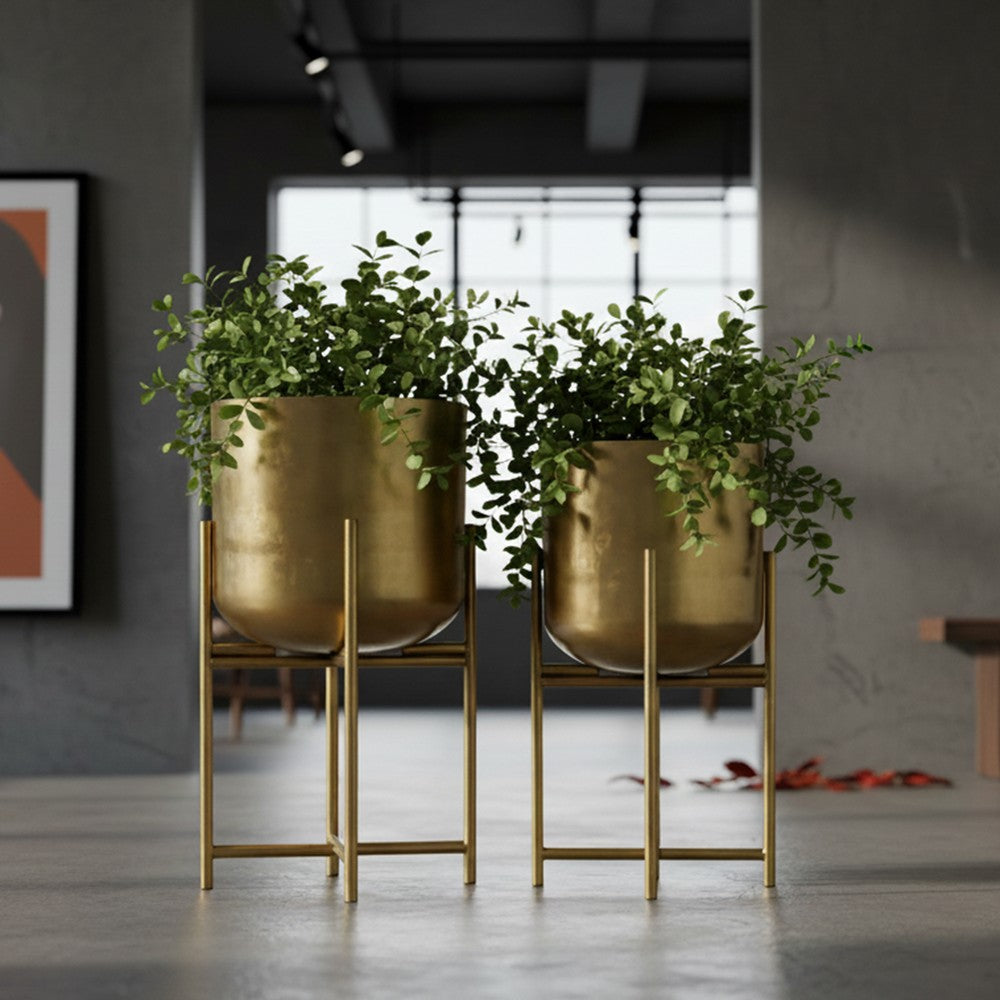 The Urban Port Aira Set of 2 Planters | 19, 22" Tall | Foldable Metal Stand | Antique Brass Finish