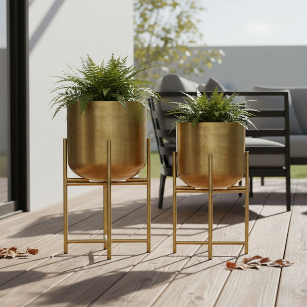 The Urban Port Aira Set of 2 Planters | 19, 22" Tall | Foldable Metal Stand | Antique Brass Finish