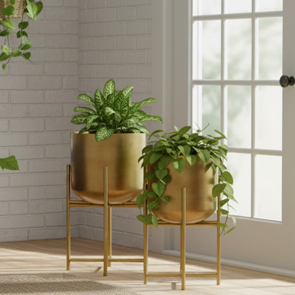 The Urban Port Aira Set of 2 Planters | 19, 22" Tall | Foldable Metal Stand | Antique Brass Finish