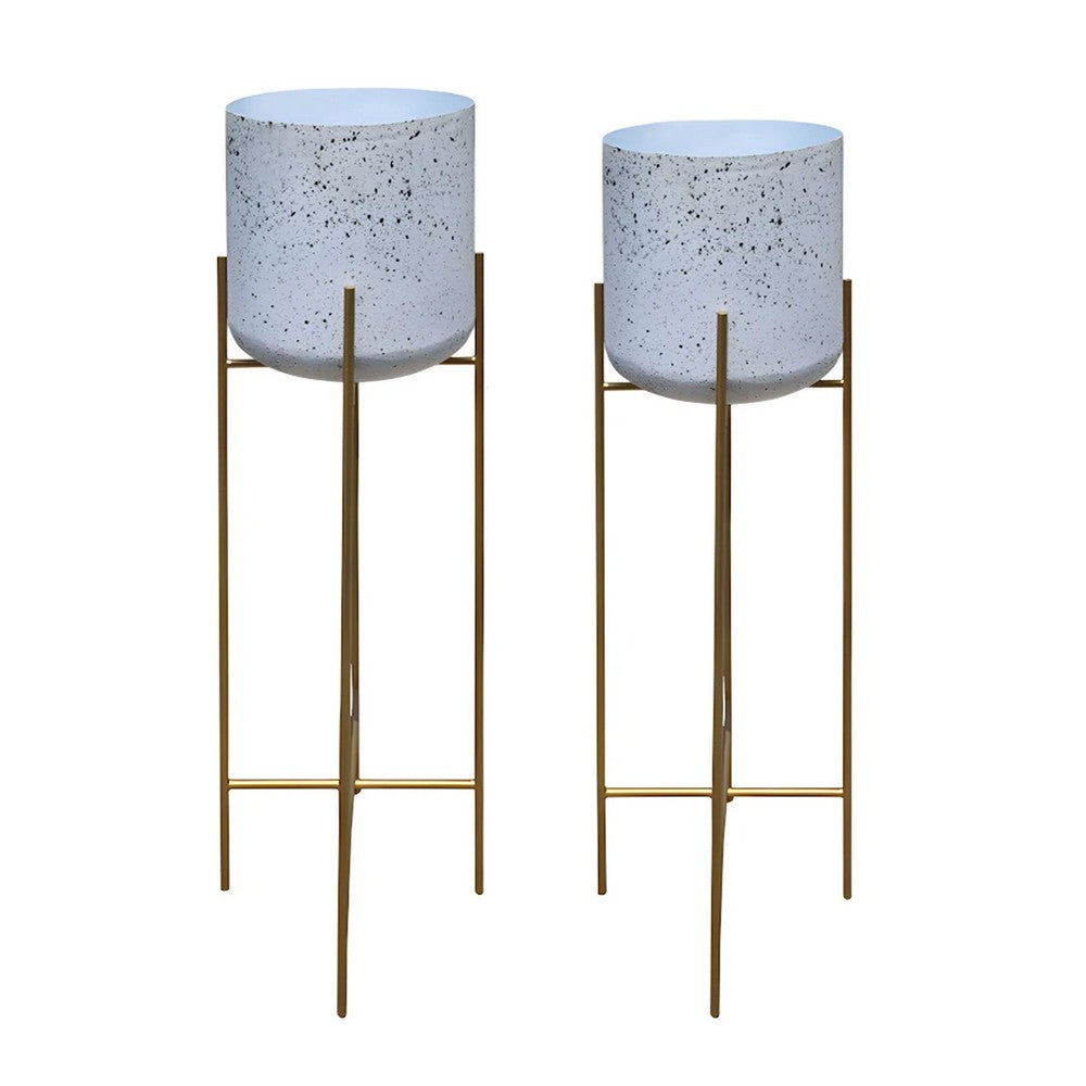 The Urban Port Aira Set of 2 Planters | 20, 22" Tall | Gold Foldable Metal Stand | White Speckled Pattern