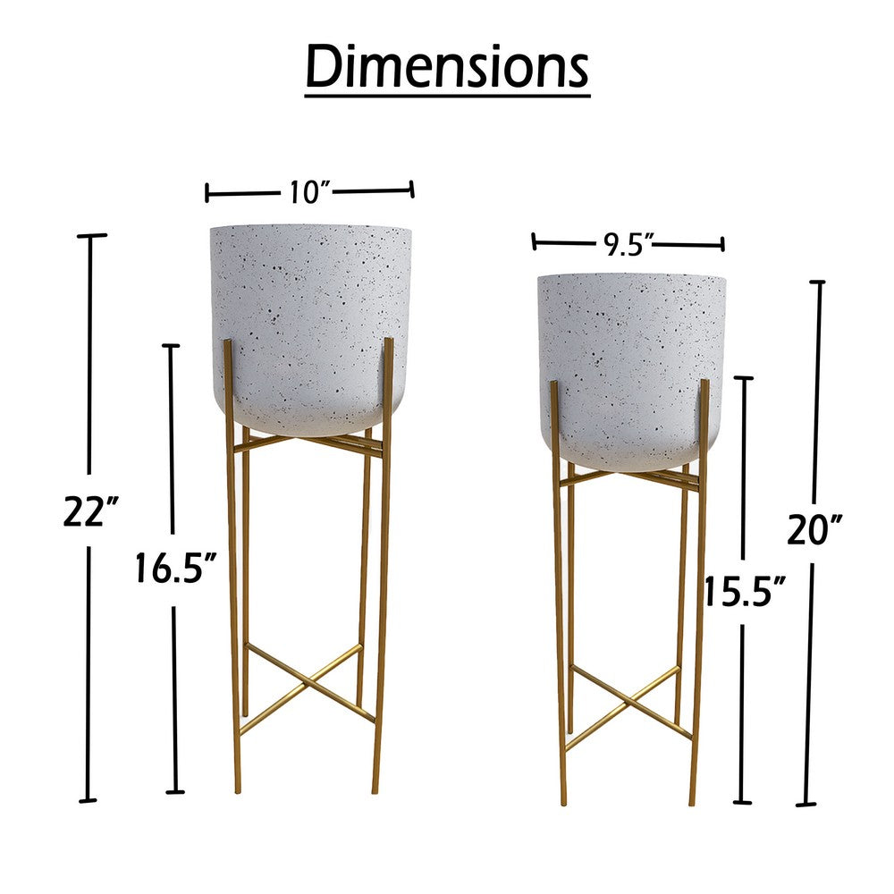 The Urban Port Aira Set of 2 Planters | 20, 22" Tall | Gold Foldable Metal Stand | White Speckled Pattern