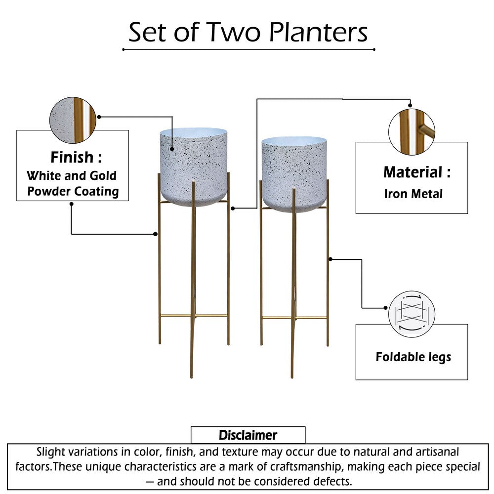 The Urban Port Aira Set of 2 Planters | 20, 22" Tall | Gold Foldable Metal Stand | White Speckled Pattern