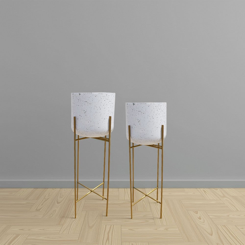 The Urban Port Aira Set of 2 Planters | 20, 22" Tall | Gold Foldable Metal Stand | White Speckled Pattern