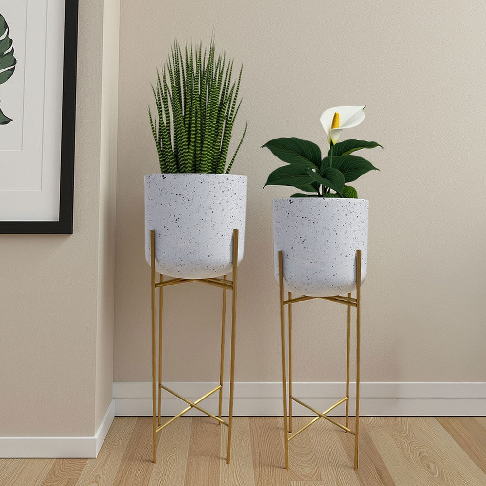 The Urban Port Aira Set of 2 Planters | 20, 22" Tall | Gold Foldable Metal Stand | White Speckled Pattern