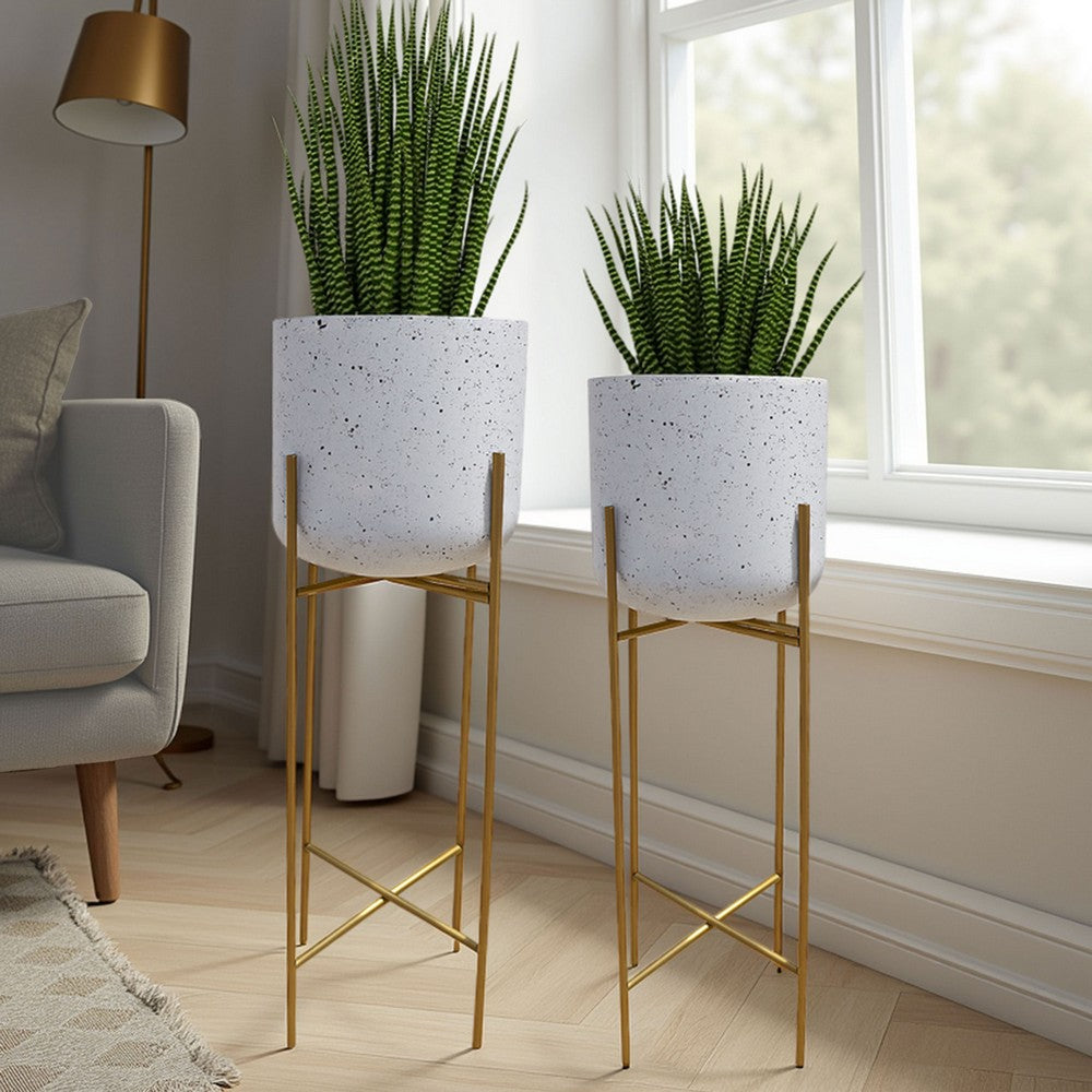 The Urban Port Aira Set of 2 Planters | 20, 22" Tall | Gold Foldable Metal Stand | White Speckled Pattern