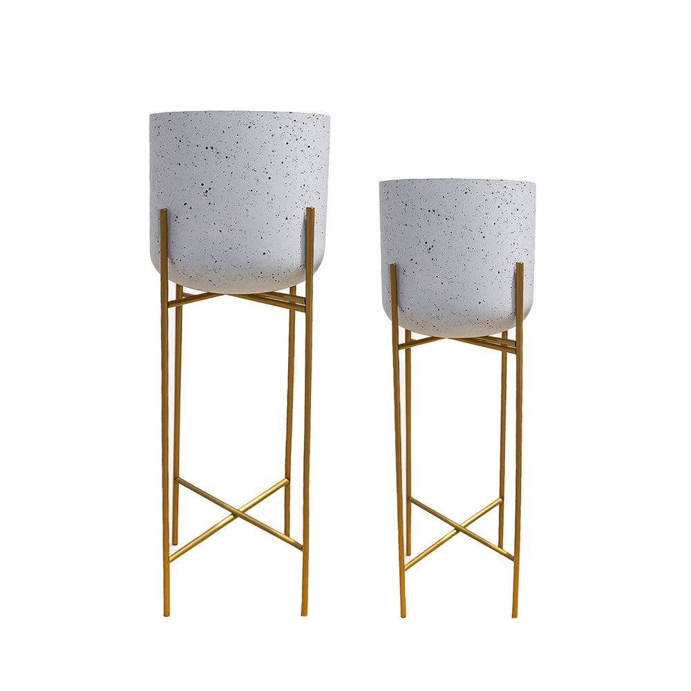 The Urban Port Aira 39, 46" Tall Planters Set of 2 | Gold Foldable Metal Stand | White Speckled Pattern