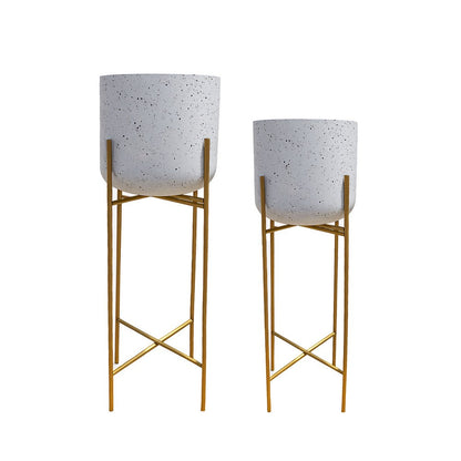 The Urban Port Aira 39, 46" Tall Planters Set of 2 | Gold Foldable Metal Stand | White Speckled Pattern