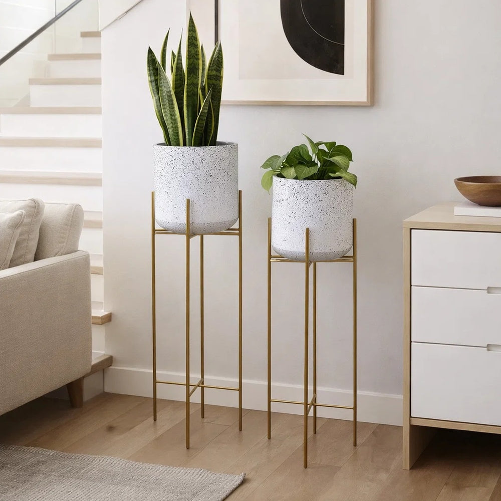 The Urban Port Aira 39, 46" Tall Planters Set of 2 | Gold Foldable Metal Stand | White Speckled Pattern