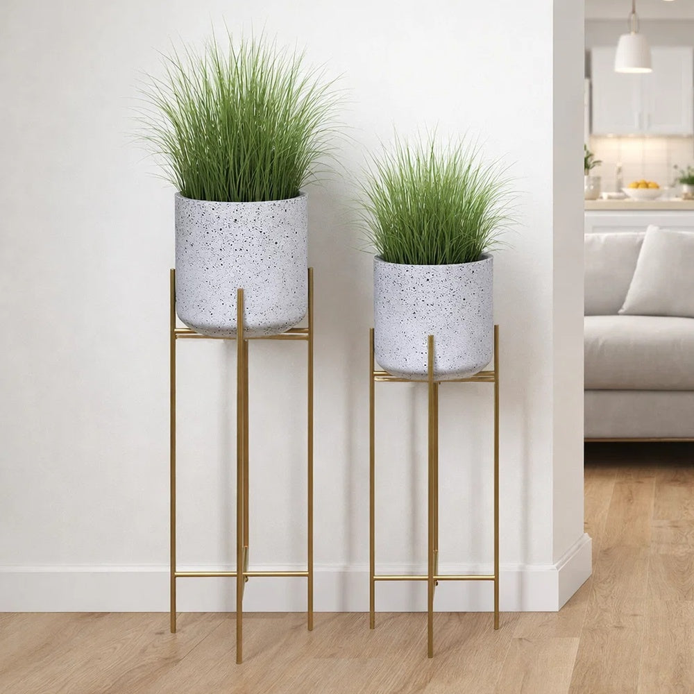 The Urban Port Aira 39, 46" Tall Planters Set of 2 | Gold Foldable Metal Stand | White Speckled Pattern