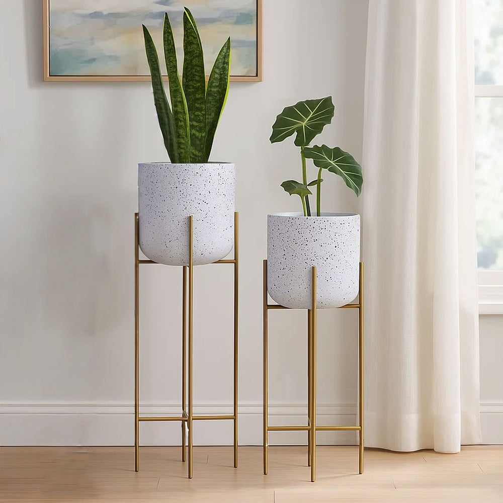 The Urban Port Aira 39, 46" Tall Planters Set of 2 | Gold Foldable Metal Stand | White Speckled Pattern