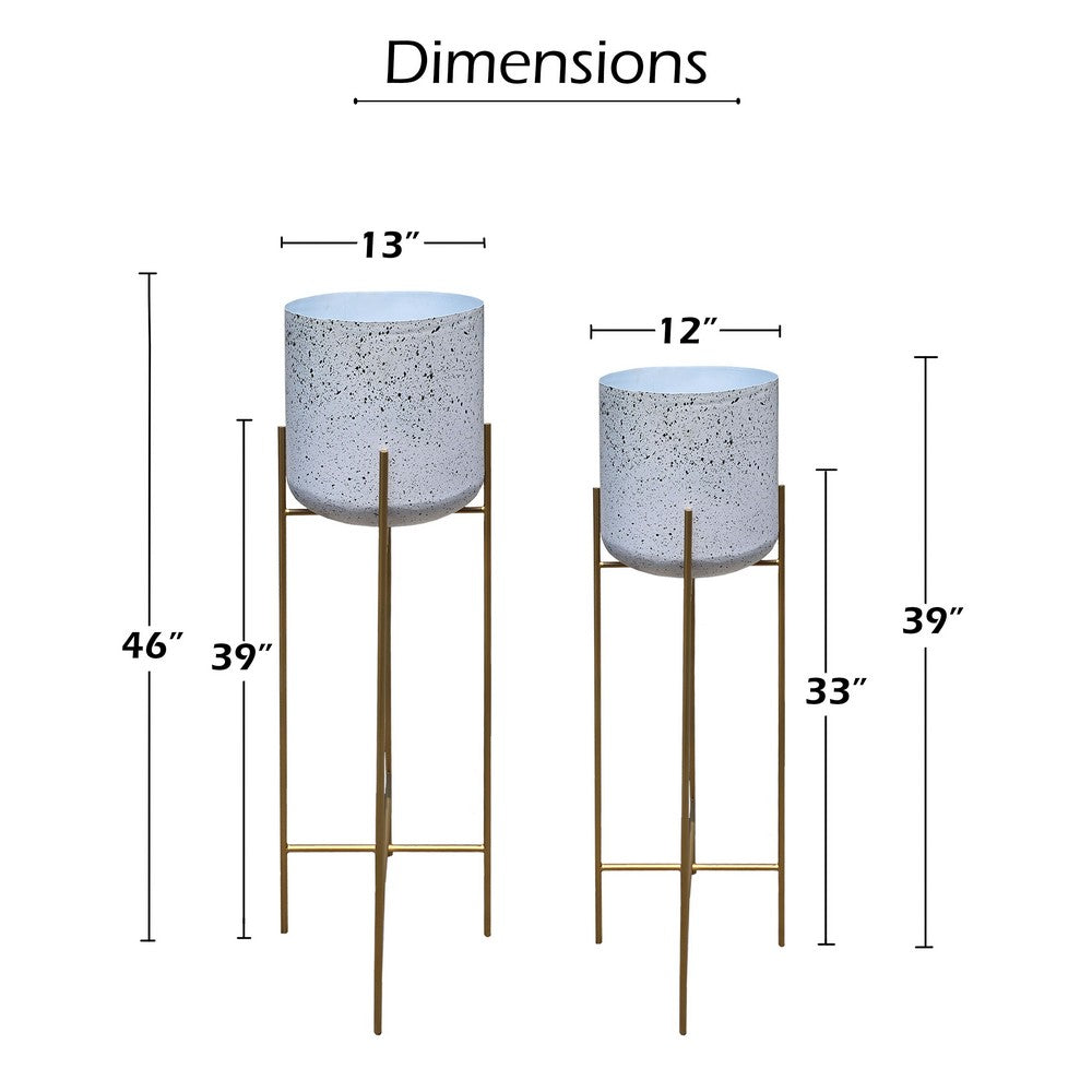The Urban Port Aira 39, 46" Tall Planters Set of 2 | Gold Foldable Metal Stand | White Speckled Pattern
