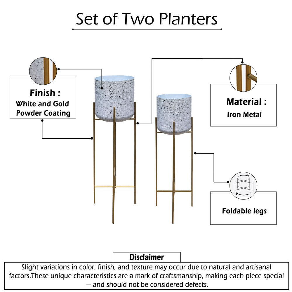 The Urban Port Aira 39, 46" Tall Planters Set of 2 | Gold Foldable Metal Stand | White Speckled Pattern