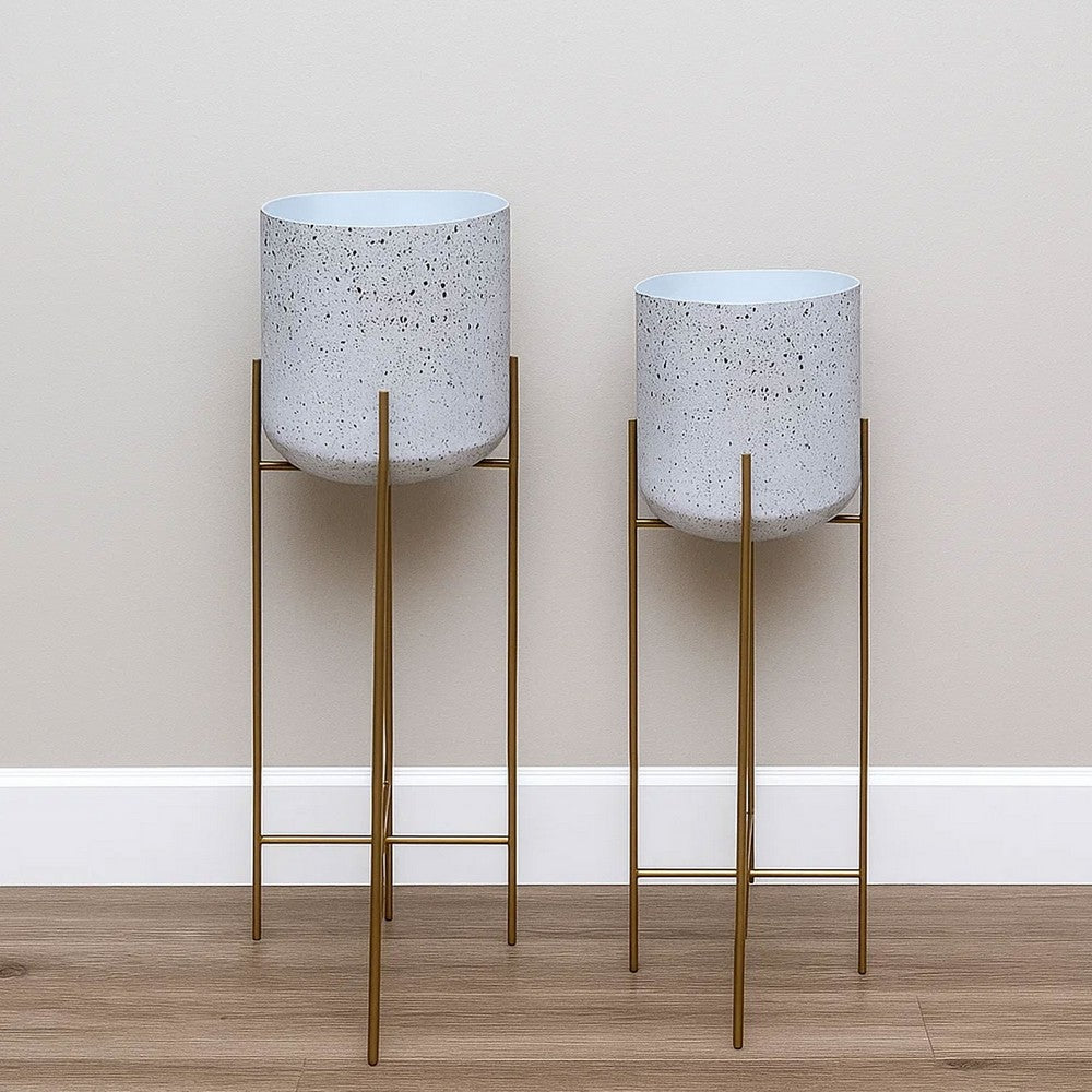 The Urban Port Aira 39, 46" Tall Planters Set of 2 | Gold Foldable Metal Stand | White Speckled Pattern