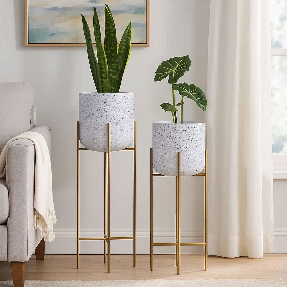 The Urban Port Aira 39, 46" Tall Planters Set of 2 | Gold Foldable Metal Stand | White Speckled Pattern