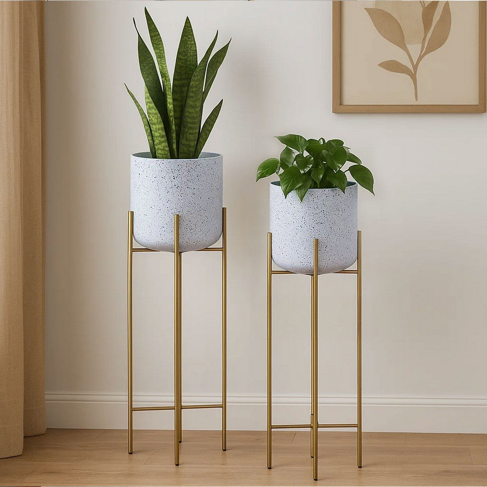 The Urban Port Aira 39, 46" Tall Planters Set of 2 | Gold Foldable Metal Stand | White Speckled Pattern