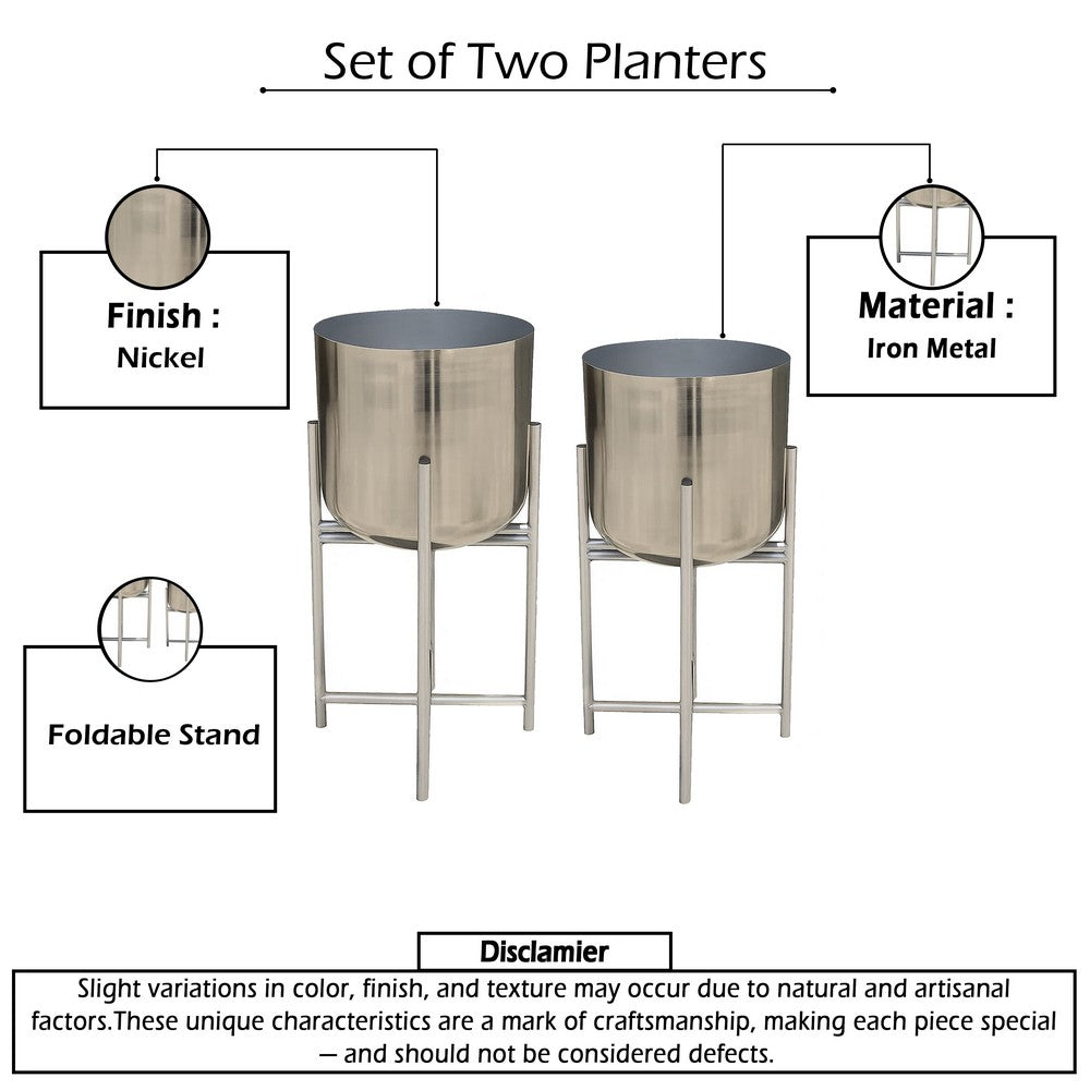 The Urban Port Aira Set of 2 Planters | 19, 22" Tall | Foldable Iron Stand | Nickel Finish