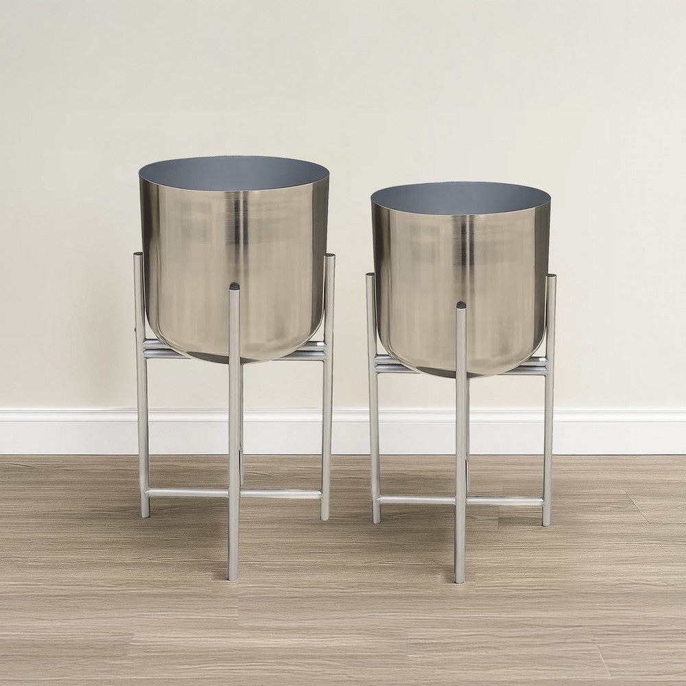 The Urban Port Aira Set of 2 Planters | 19, 22" Tall | Foldable Iron Stand | Nickel Finish