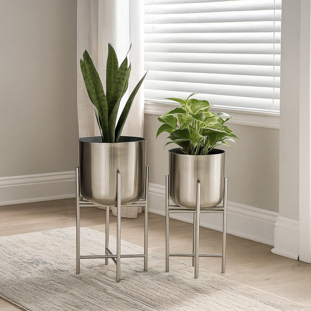 The Urban Port Aira Set of 2 Planters | 19, 22" Tall | Foldable Iron Stand | Nickel Finish