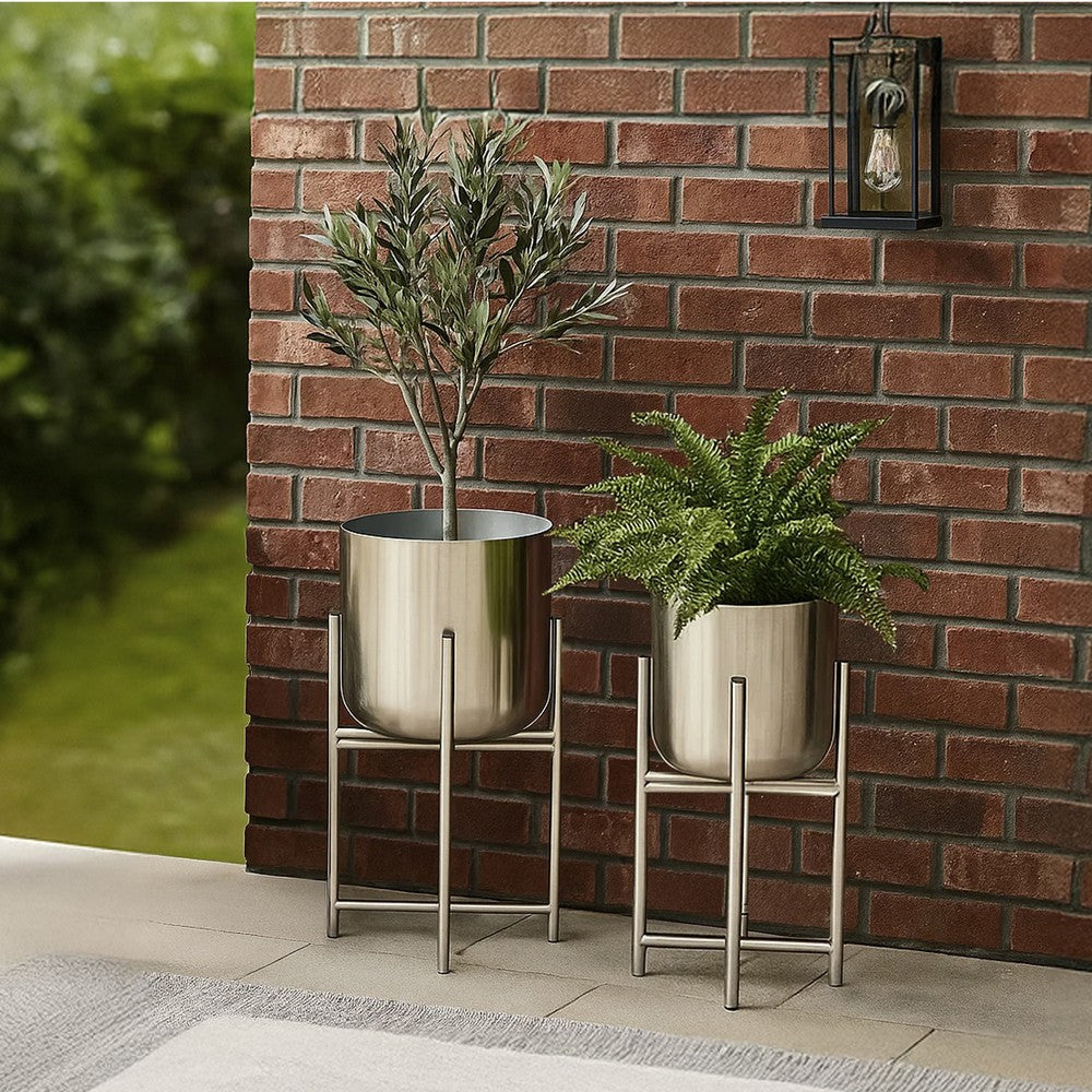 The Urban Port Aira Set of 2 Planters | 19, 22" Tall | Foldable Iron Stand | Nickel Finish