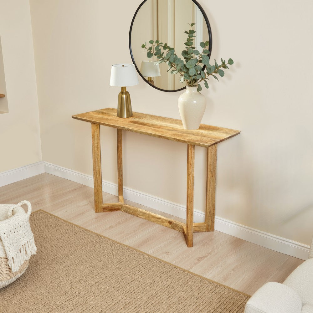 The Urban Port Nina Console Table | 48" Rectangular Top | Open Frame with Trestle Base | Natural Brown Mango Wood