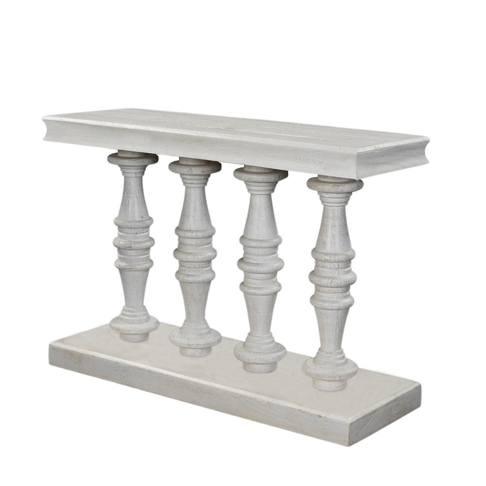 The Urban Port Sofa Console Table, 42 Inch Top, Sandlasted Washed White Mango Wood, Turned Pillar Legs
