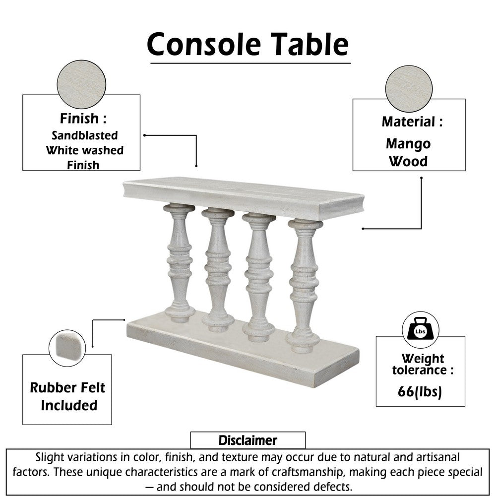 The Urban Port Sofa Console Table, 42 Inch Top, Sandlasted Washed White Mango Wood, Turned Pillar Legs