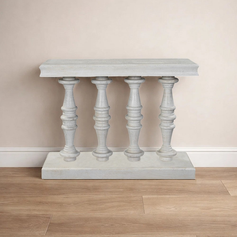 The Urban Port Sofa Console Table, 42 Inch Top, Sandlasted Washed White Mango Wood, Turned Pillar Legs