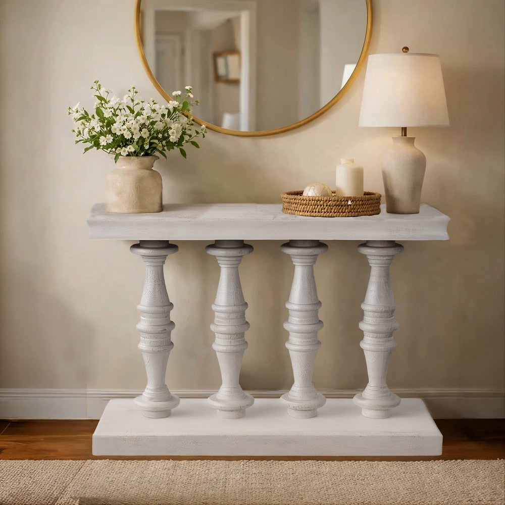 The Urban Port Sofa Console Table, 42 Inch Top, Sandlasted Washed White Mango Wood, Turned Pillar Legs