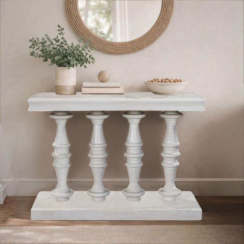 The Urban Port Sofa Console Table, 42 Inch Top, Sandlasted Washed White Mango Wood, Turned Pillar Legs