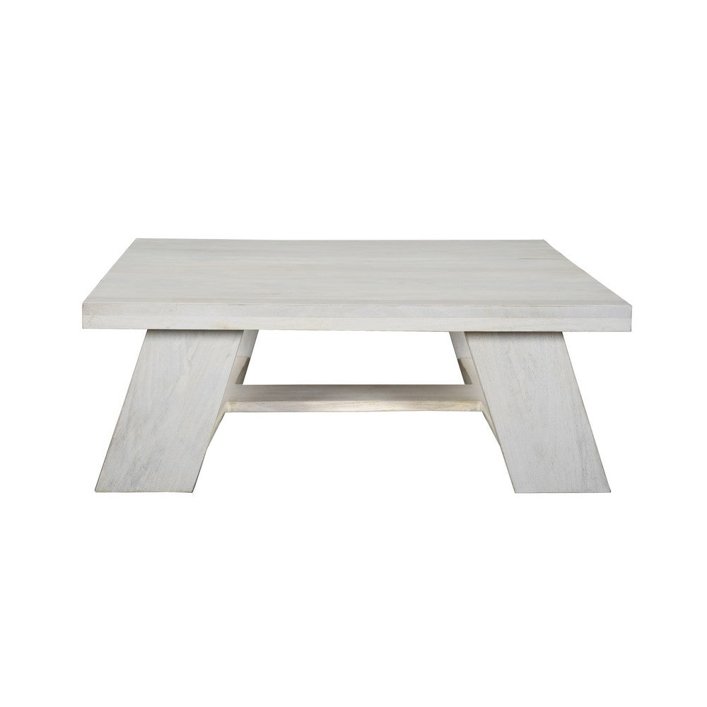 The Urban Port Aya 40" Square Coffee Table | Biscotti White Mango Wood | Bold Angled Legs