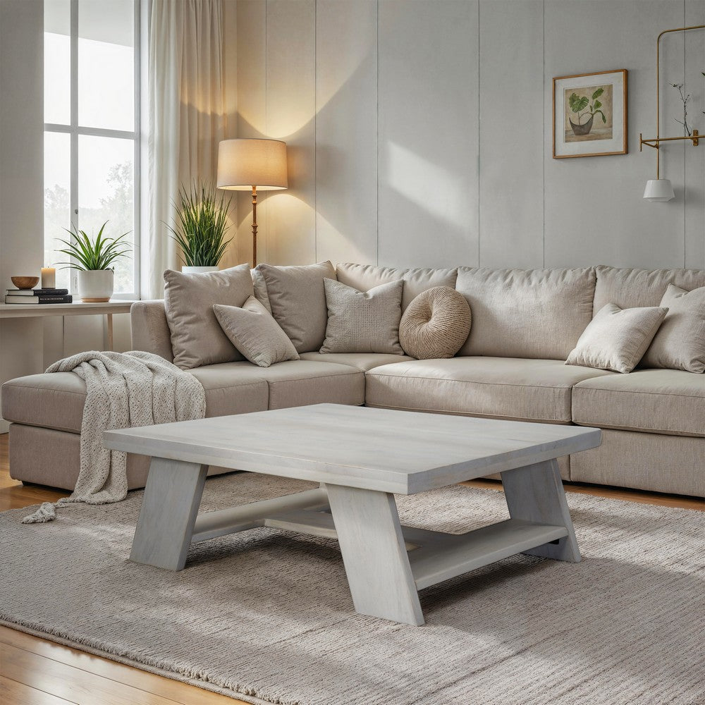 The Urban Port Aya 40" Square Coffee Table | Biscotti White Mango Wood | Bold Angled Legs