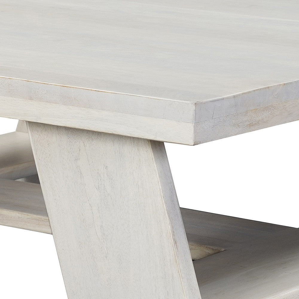 The Urban Port Aya 40" Square Coffee Table | Biscotti White Mango Wood | Bold Angled Legs